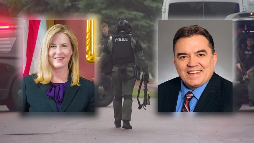 Minnesota House Speaker Melissa Hortman and State Senator John Hoffman pictured over a police raid scene following the June 2025 representative shooting in Champlin, Minnesota.