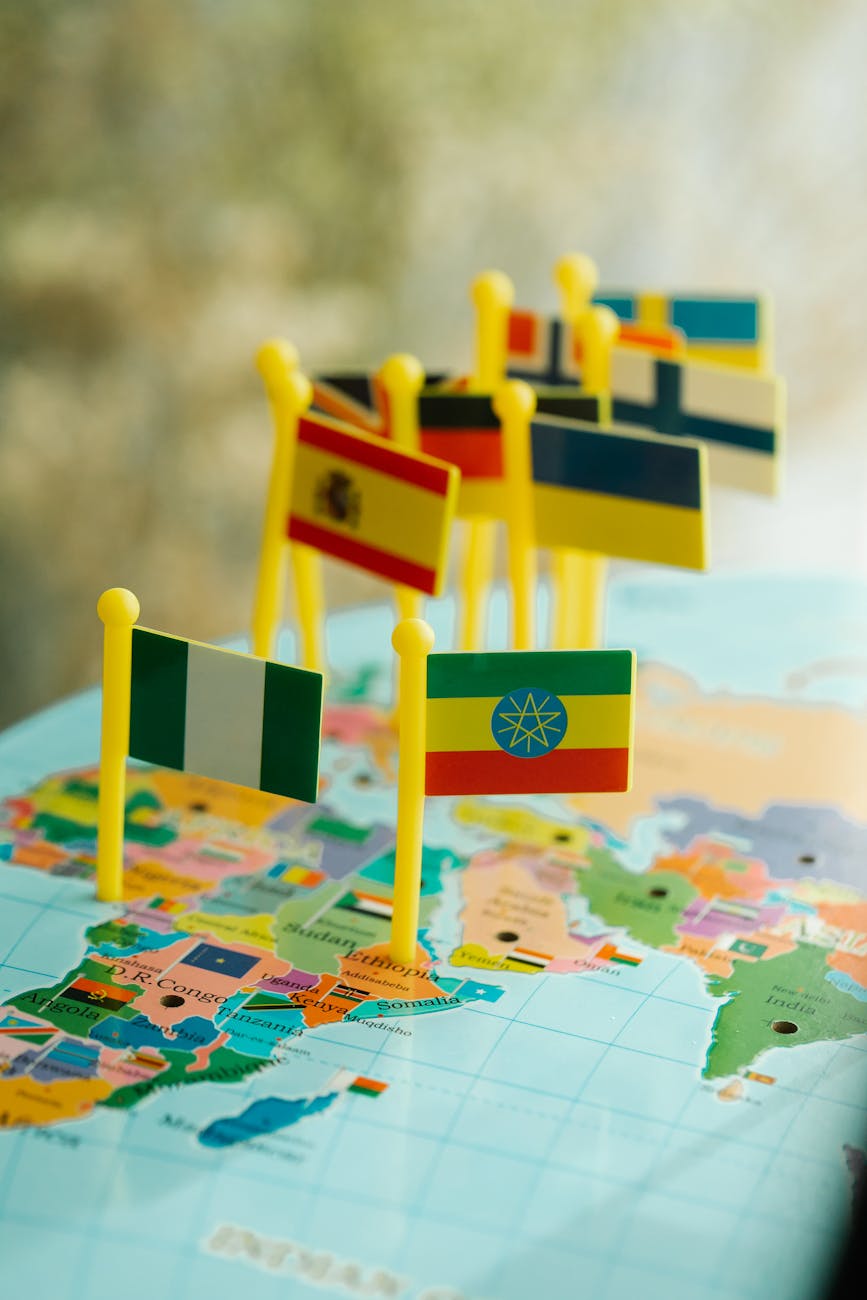 toy flags pinned on world map