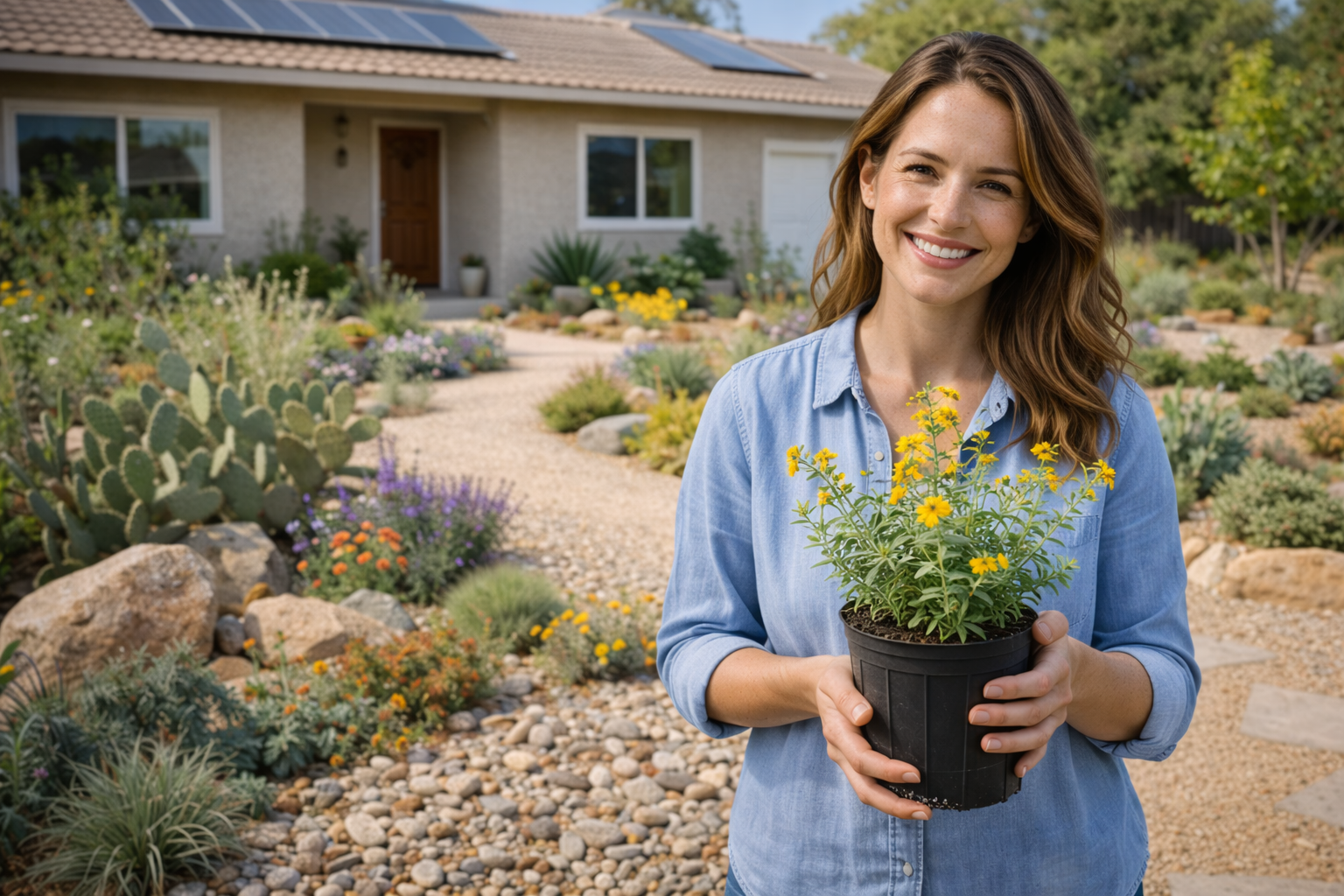 Smiling woman with drought-tolerant plants
