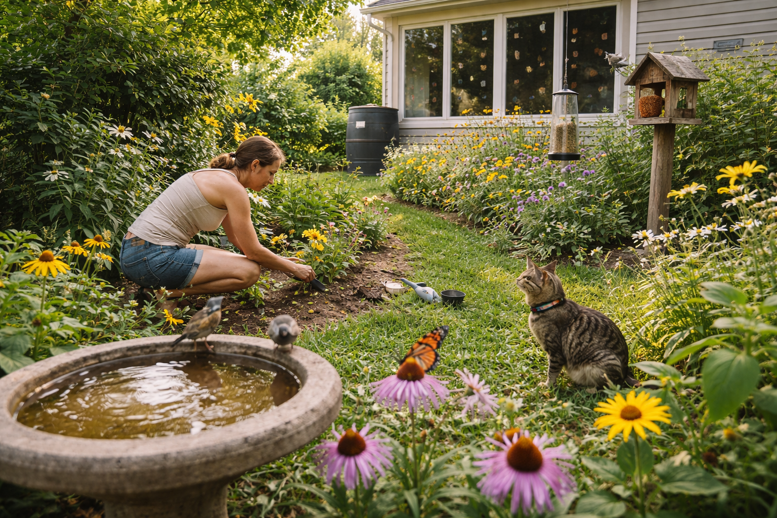 Afternoon garden care with pets and birds