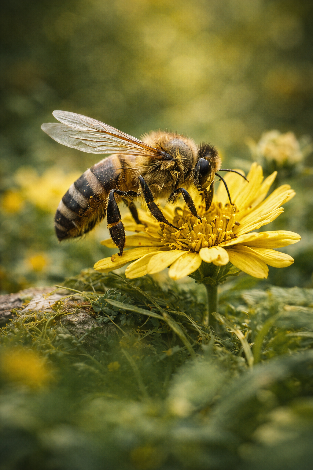 Honeybee collecting pollen on yellow flower
