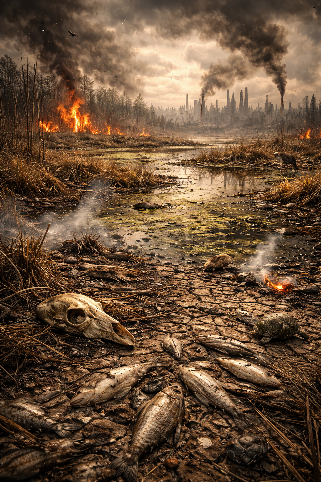 Environmental collapse and burning wetlands