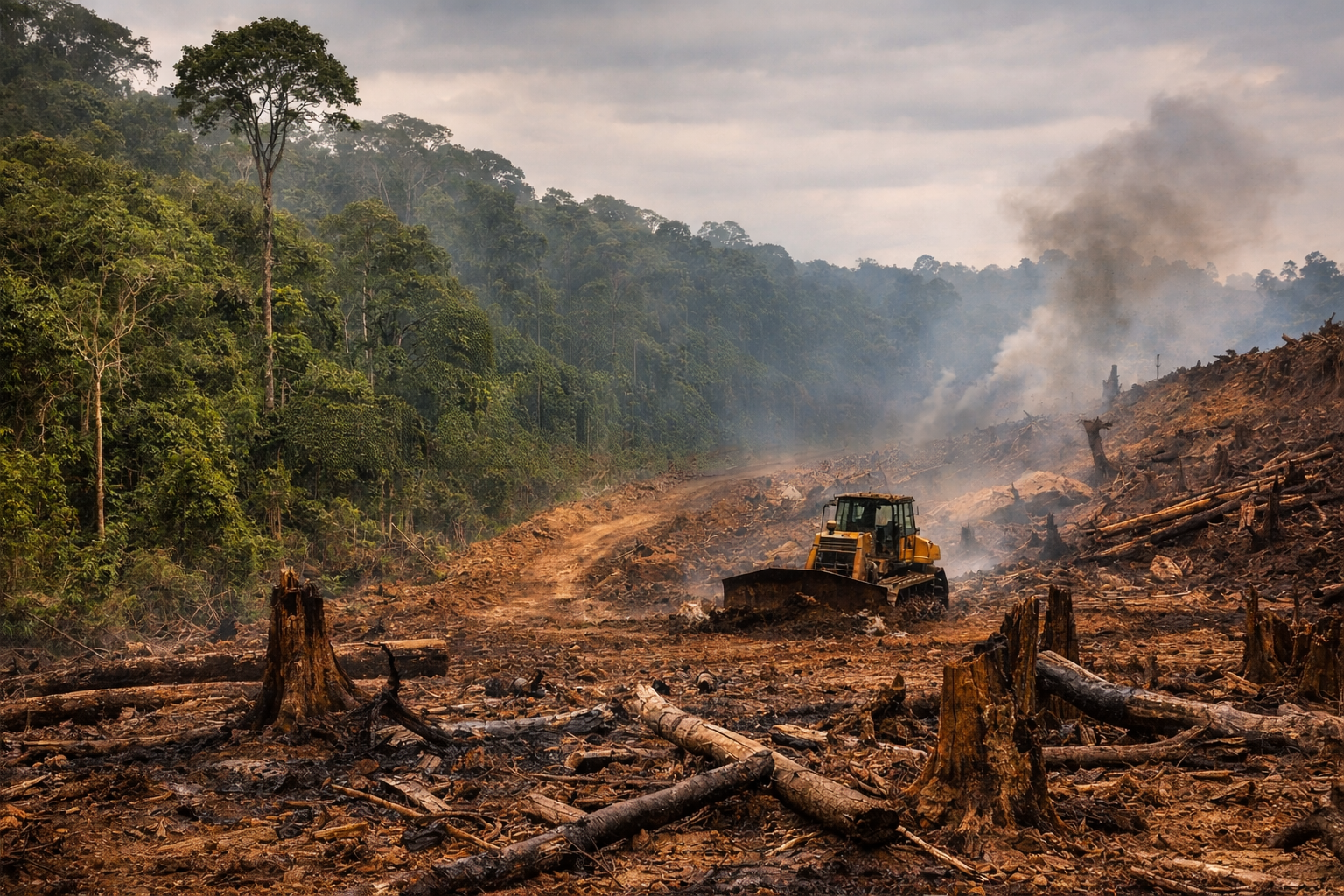 Deforestation in progress: bulldozer at work