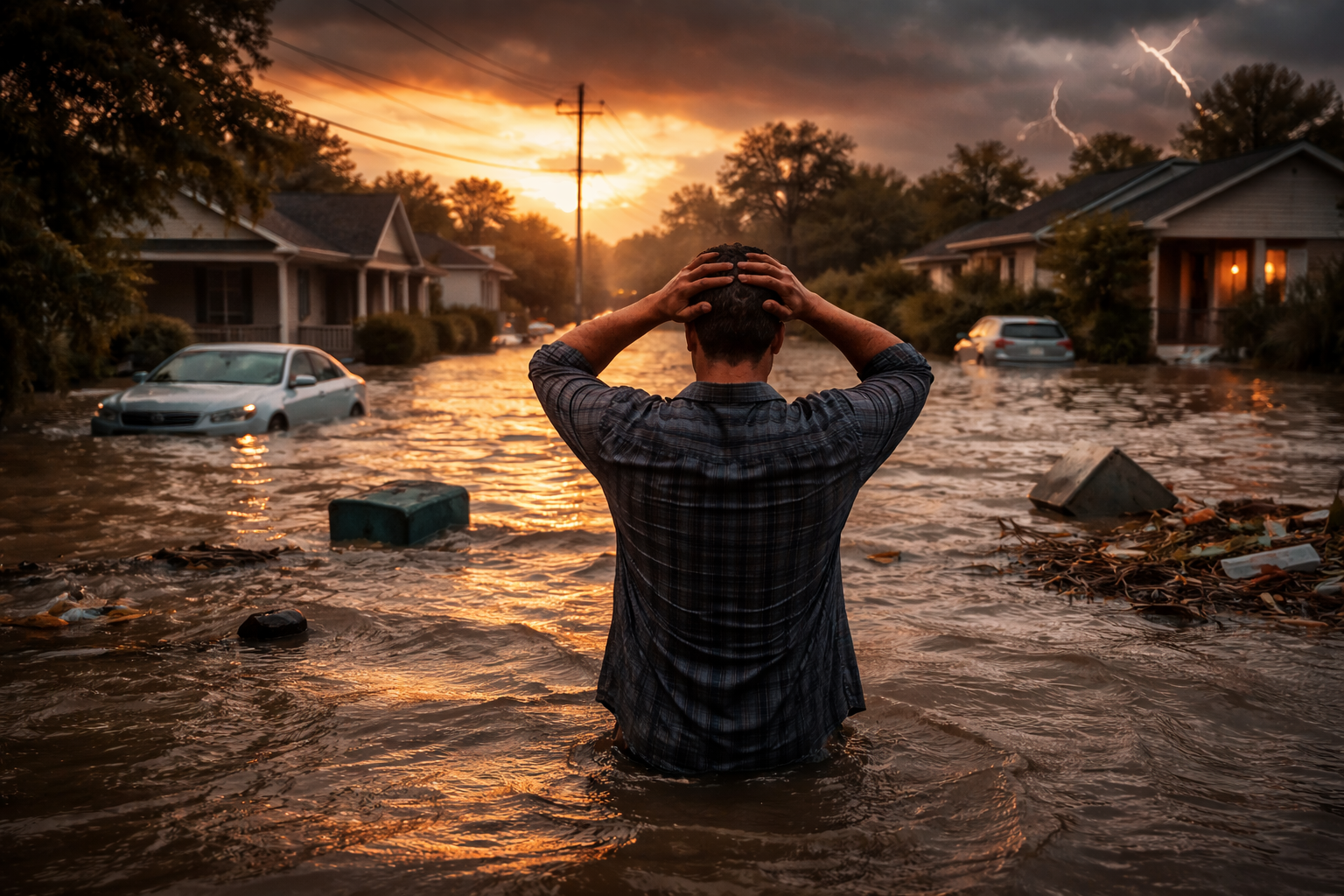 Flooded streets at sunset