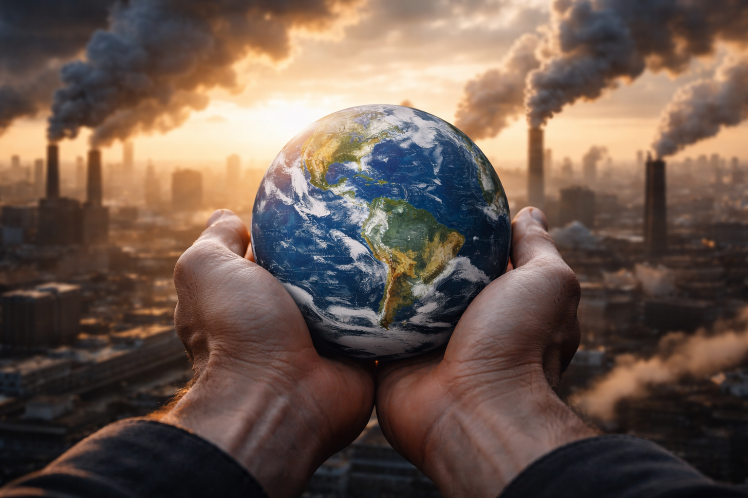 Cradling Earth amidst industrial smoke