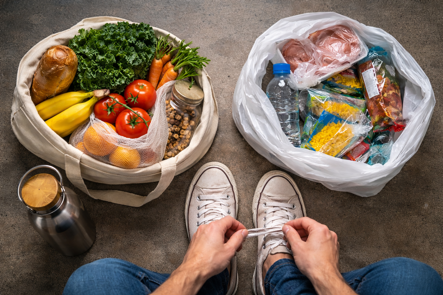 Tying sneakers amidst sustainable choices