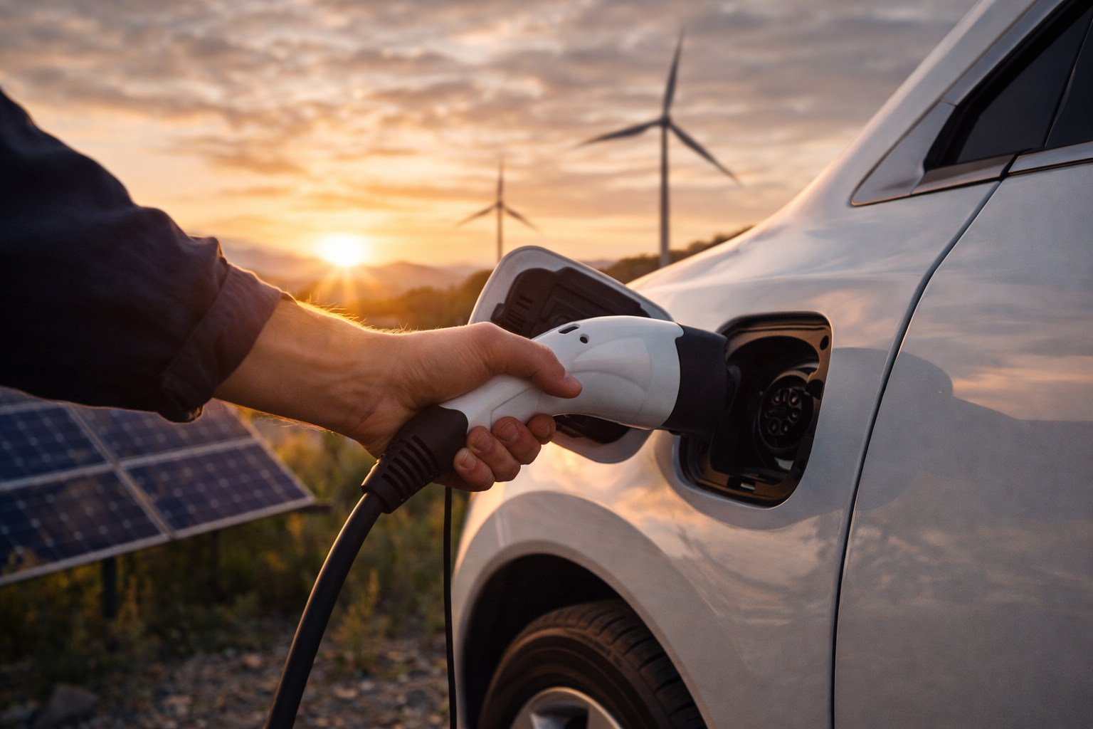 Charging an EV at sunset
