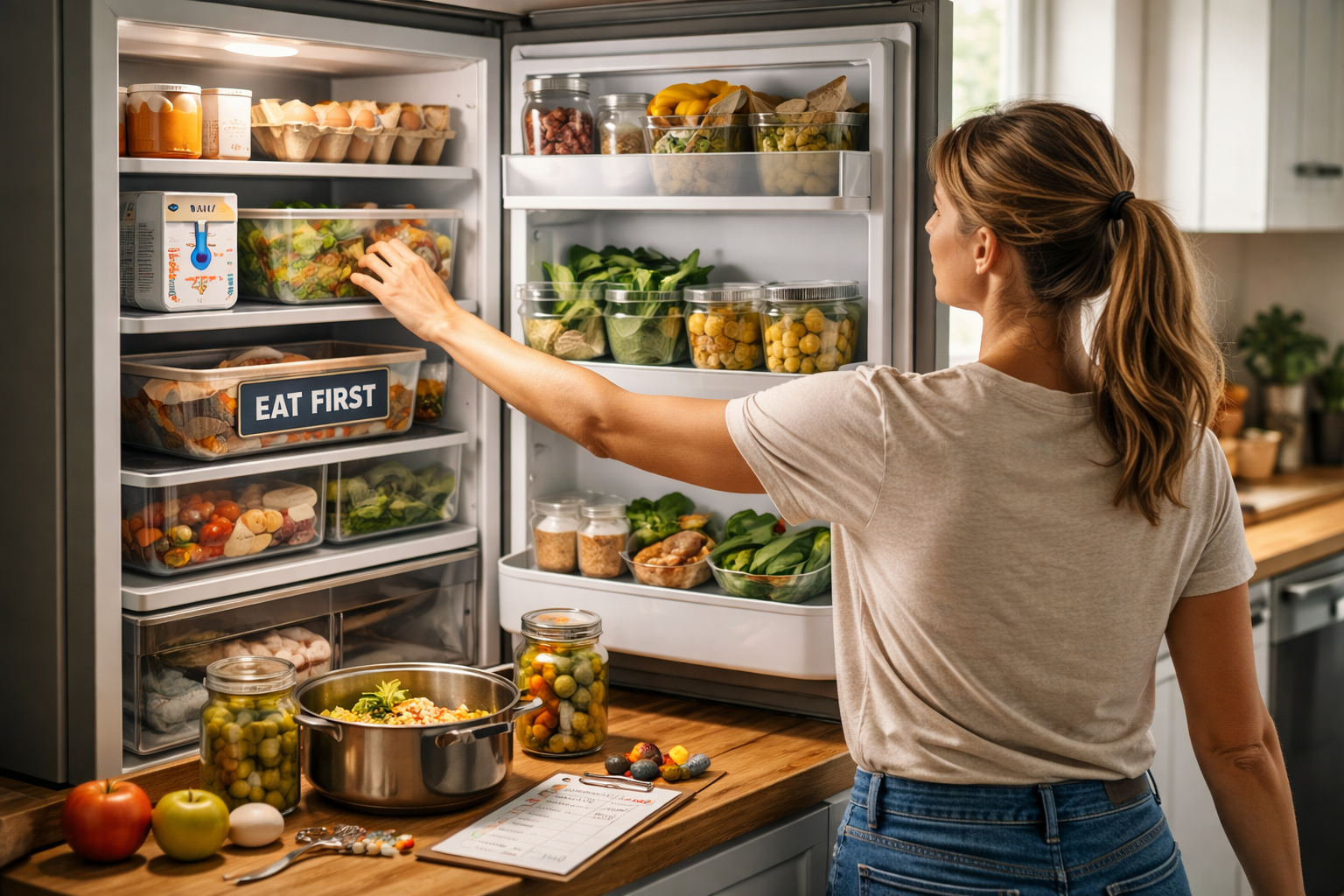 Organized fridge in a bright kitchen