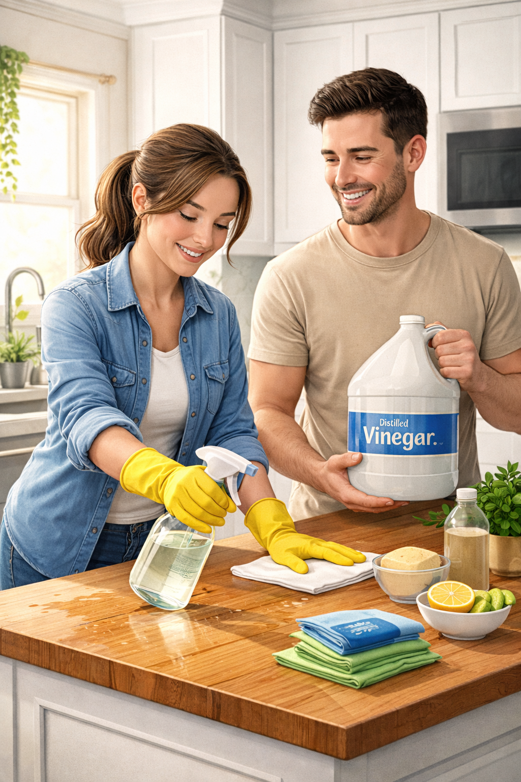couple using distilled vinegar to clean counter top
