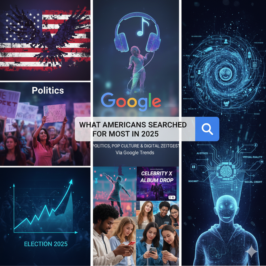 Collage featuring U.S. flag, political protest, Google logo, AI interface, Election 2025 chart, pop culture album drop, and people using smartphones representing top U.S. search trends in 2025
