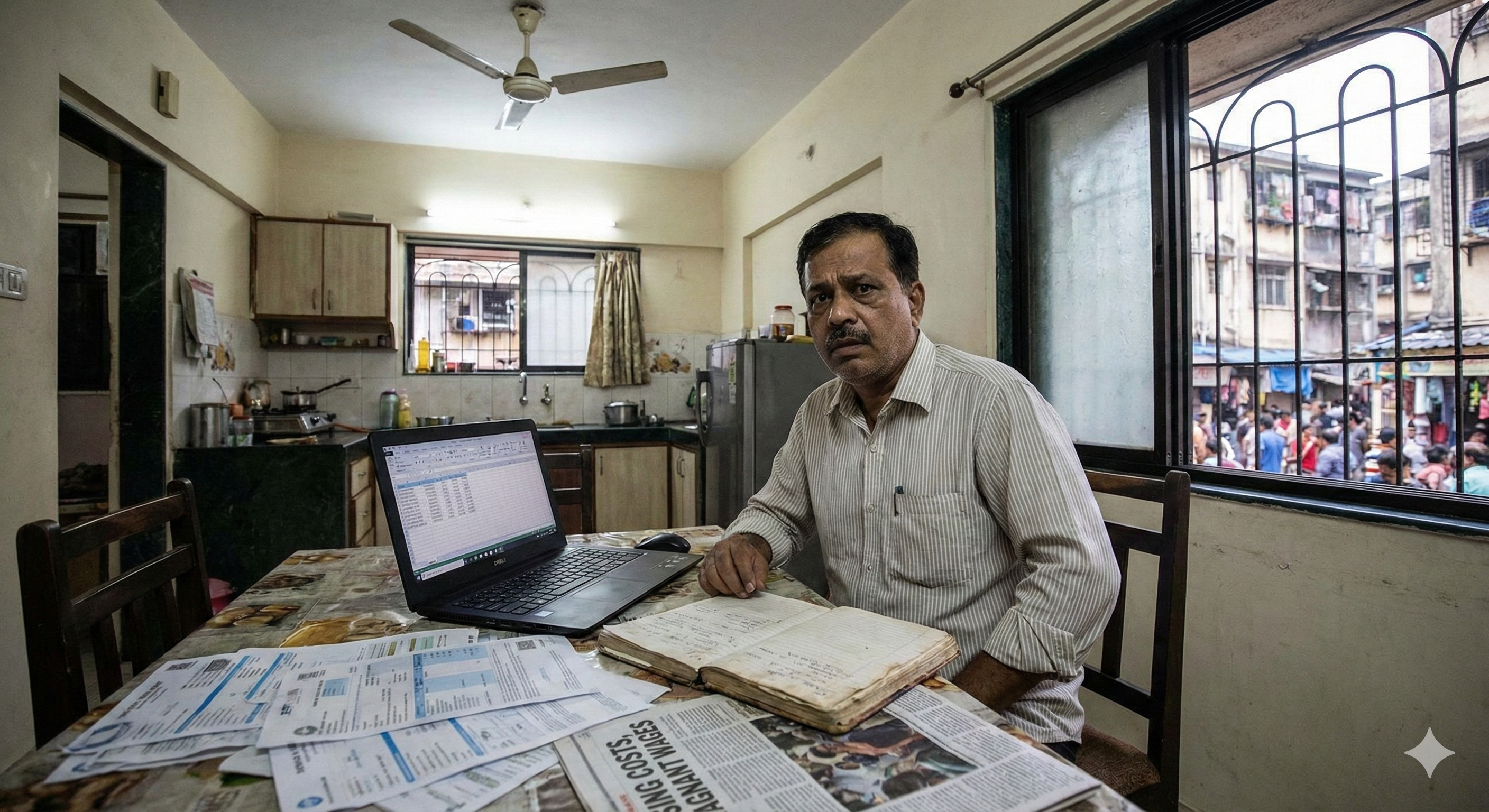 Middle-class Indian man reviewing household bills and expenses on a laptop inside a modest urban home