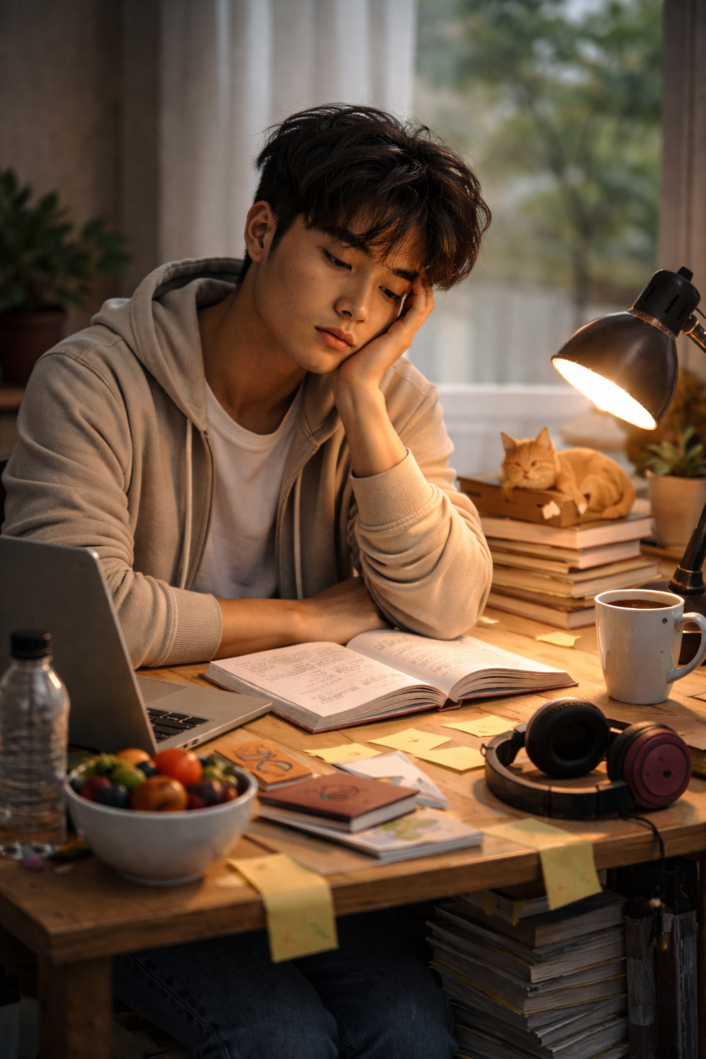 Stressful study session at dusk