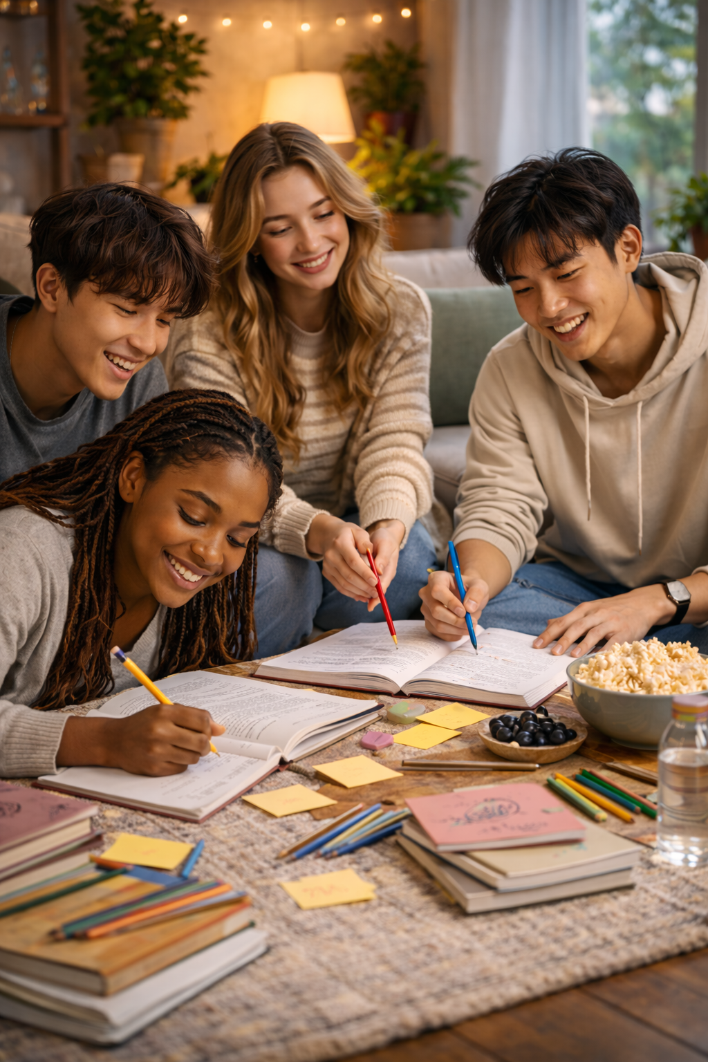 Study session with friends in cozy living room