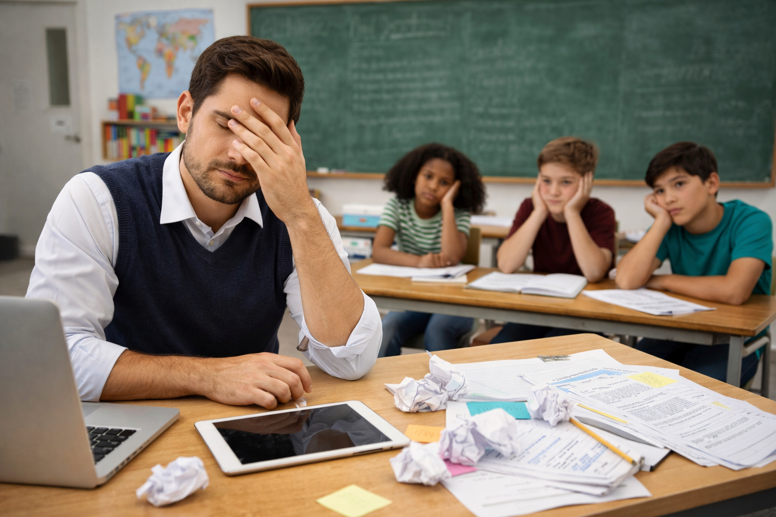 Frustrated teacher in a classroom