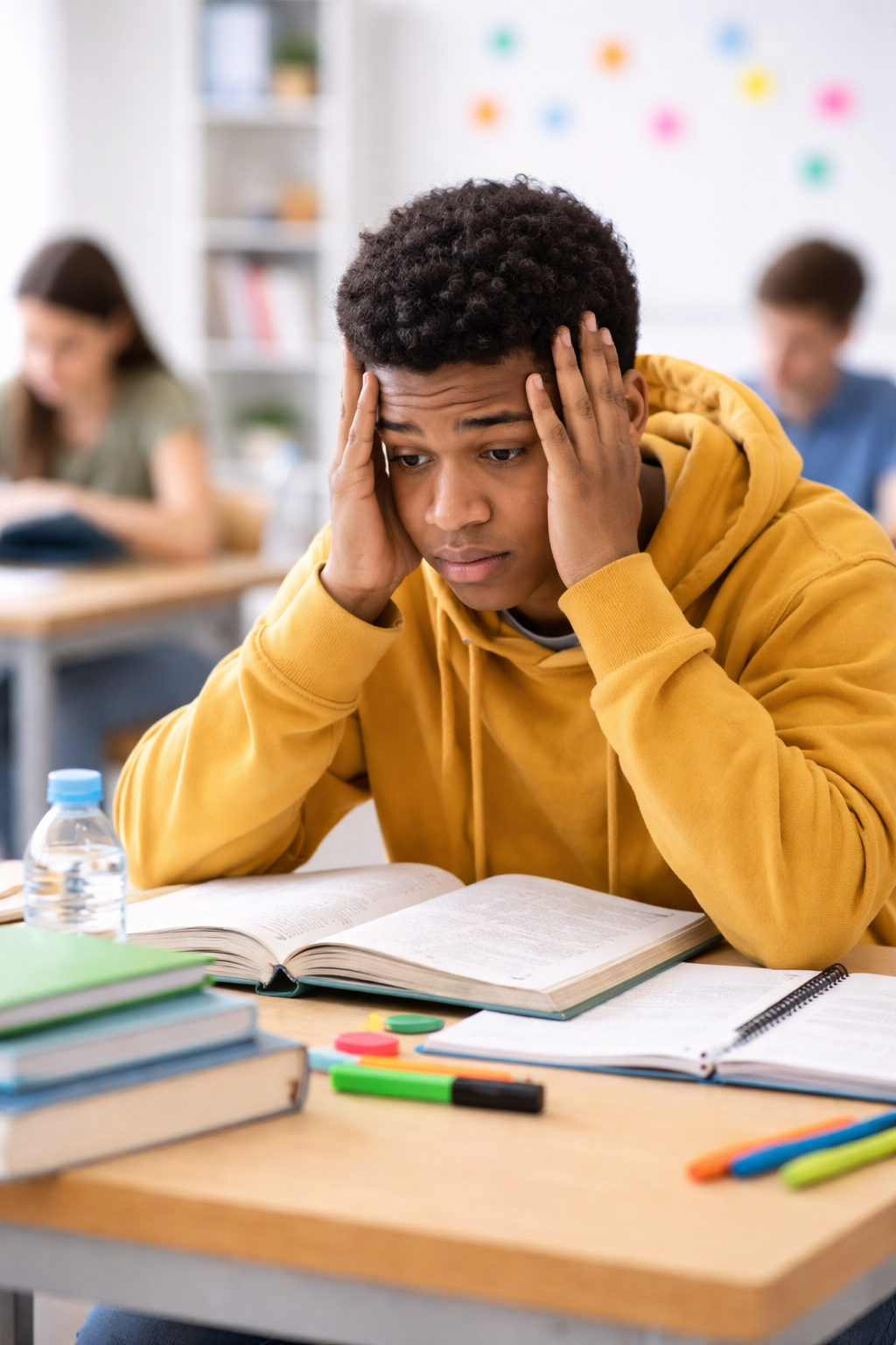 Stressed student preparing for exams