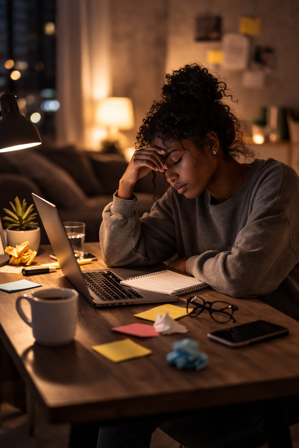 Late-night study stress in cozy space